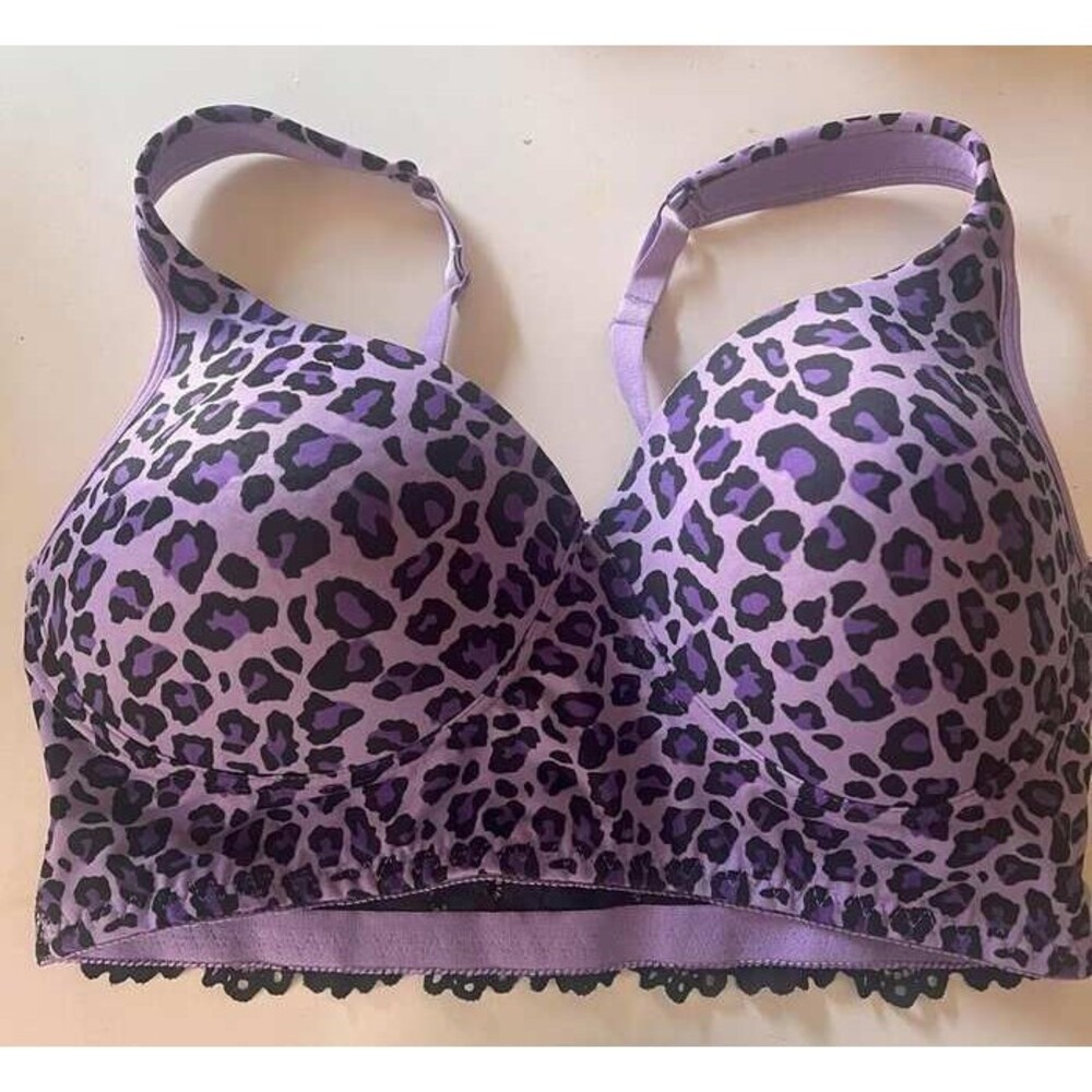 Rhonda Shear Large Molded Cup Wireless Lace Back Purple Leopard Bra